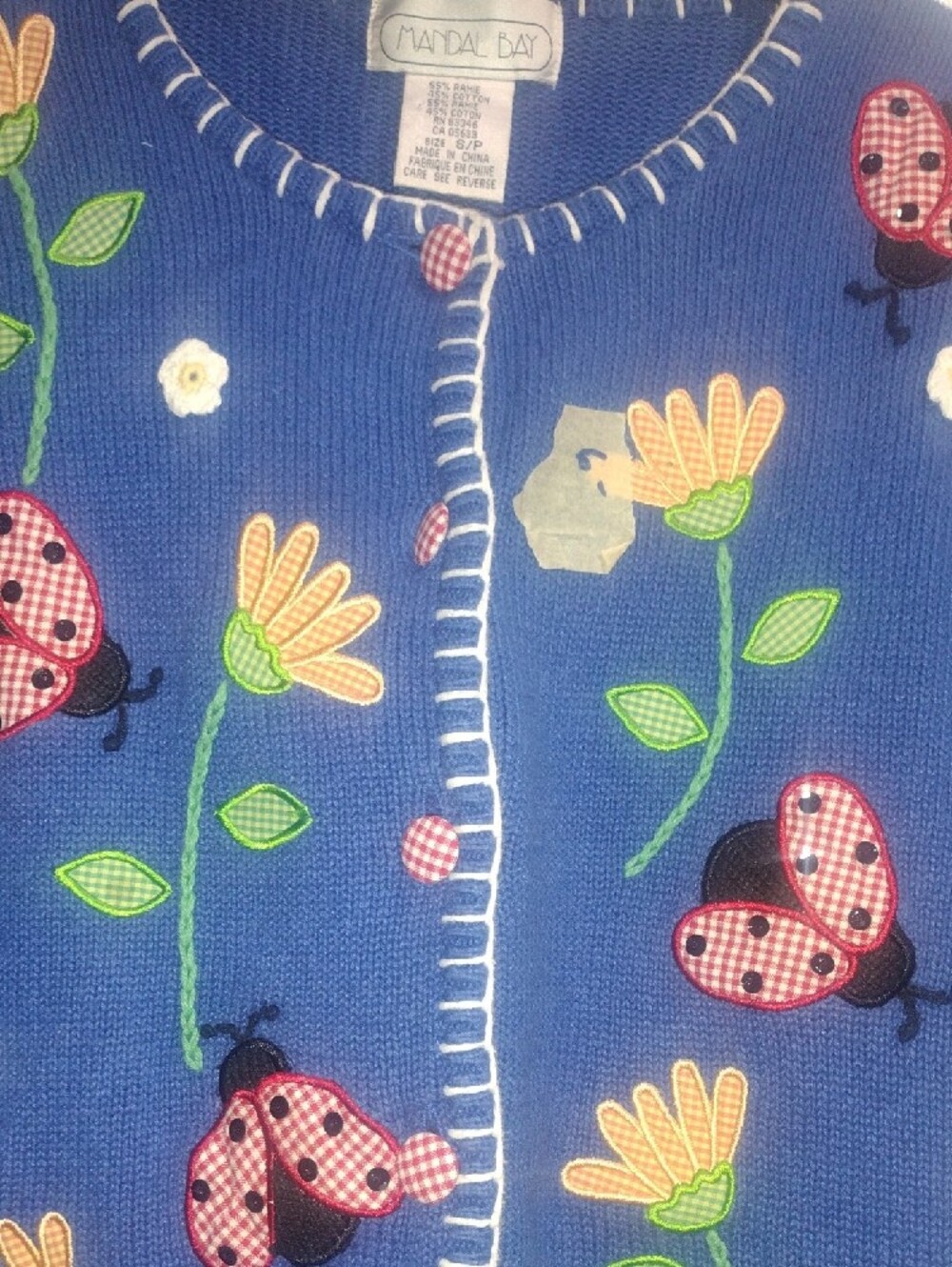 Blue Ladies Short-Sleeve Cardigan with Floral & Ladybug Appliqués - Picture 7 of 10